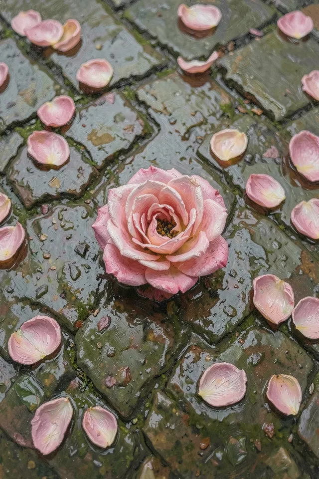 Картина — розовая роза с каплями воды на мокрой брусчатке, макросъёмка