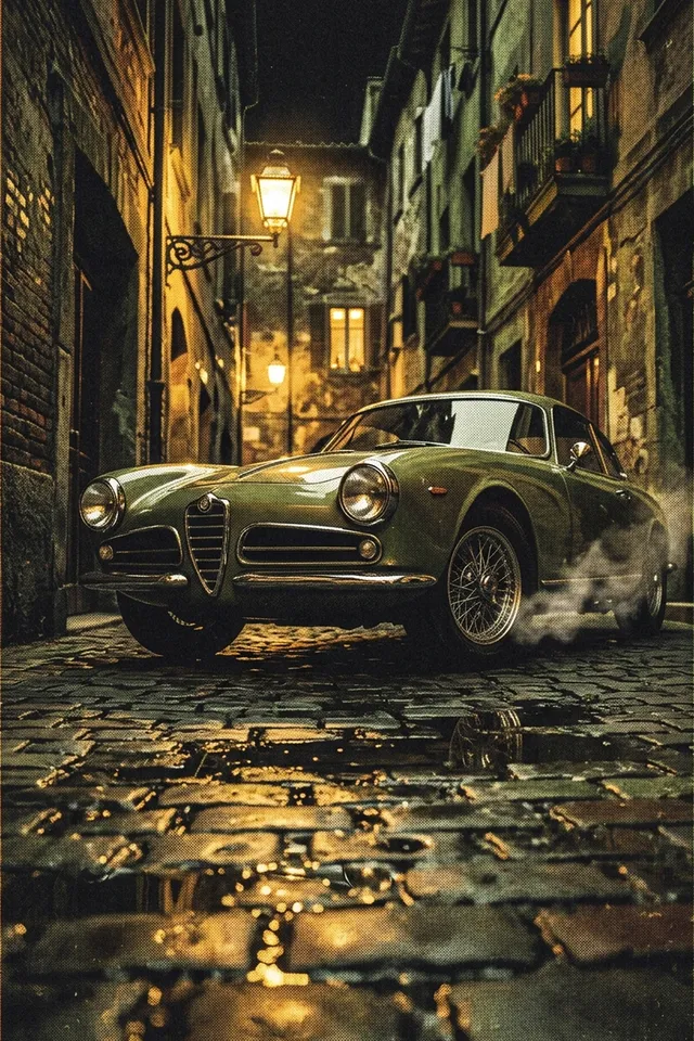 Картина Alfa Romeo в ночном переулке — серебристый кузов в свете фар на тёмном фоне