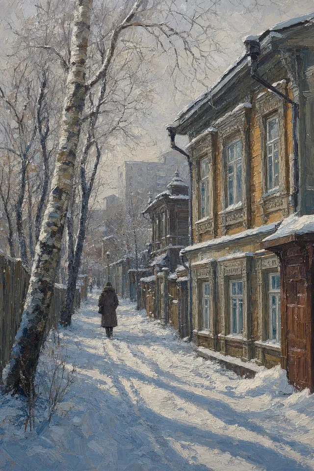 Картина: заснеженная улочка старого Хабаровска с деревянными домами и одинокой фигурой прохожего