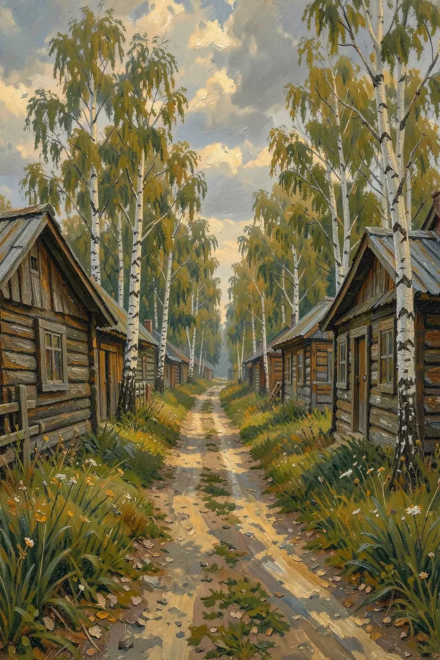 Деревенская улица с берёзами