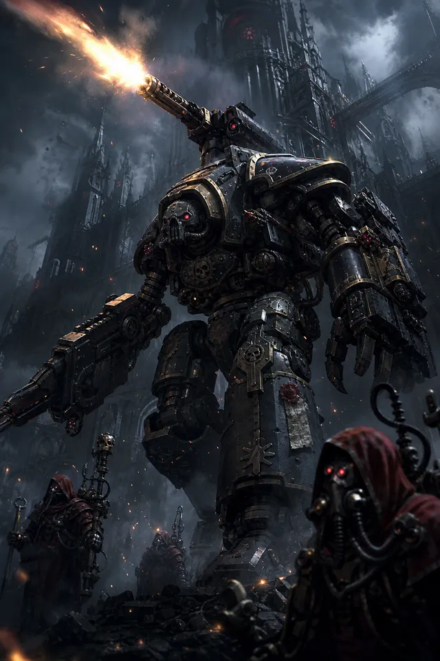 Картина Warhammer 40K — боевой дредноут в доспехах Хаоса в готическом соборе, постер на металле