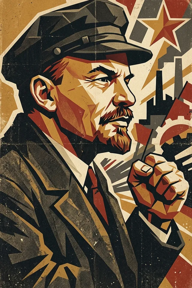 Постер с портретом Ленина на фоне красной звезды — советская символика на металле
