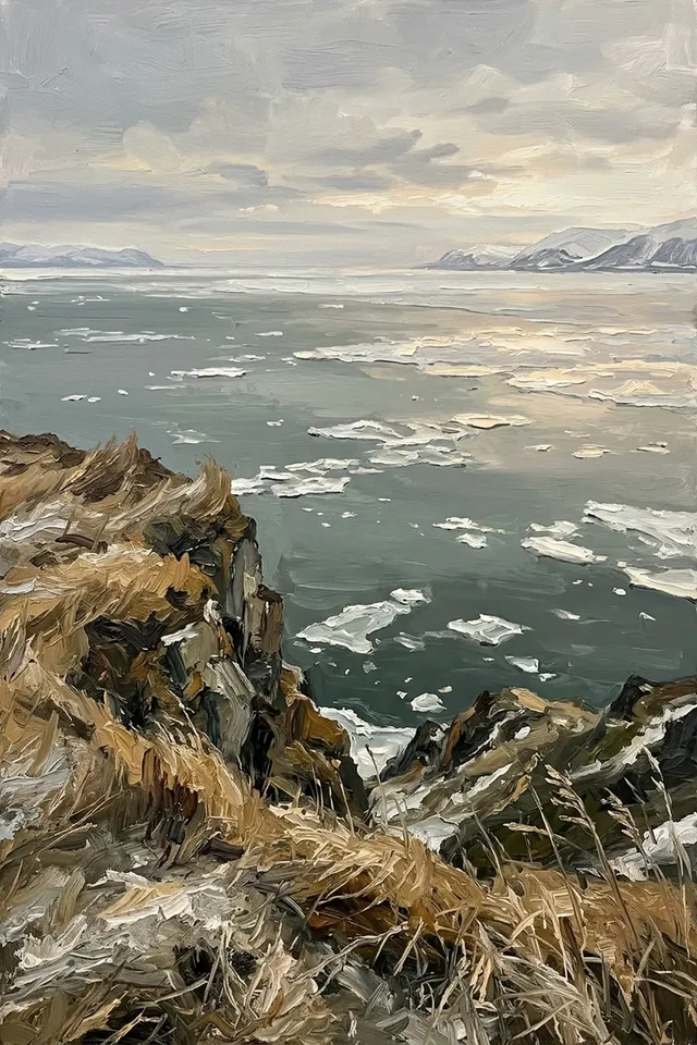 Картина ледяное море с утёса — суровый северный морской пейзаж на металле