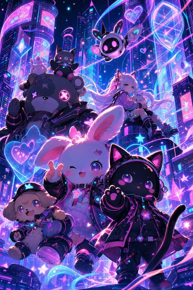 Аниме cutecore постер: белый зайчик, чёрная кошка-девочка, мишка и робот в неоновом городе со звёздами и сердцами