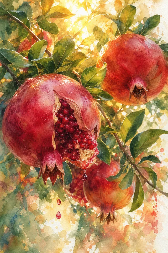 Постер с гранатами на ветке — спелые плоды в разрезе, акварель, тёплый золотистый фон