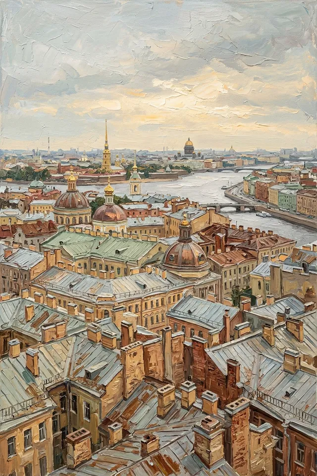 Картина Петербург с высоты птичьего полёта — панорама Невы, мостов и куполов на металле