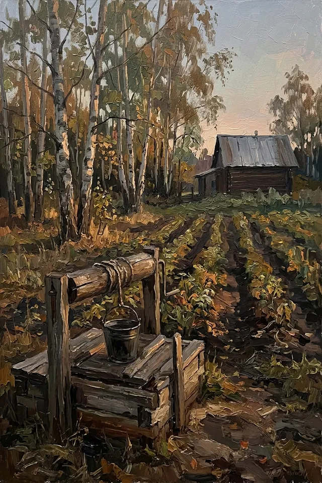 Картина с деревянным колодцем у летнего огорода, русская деревня, постер на металле