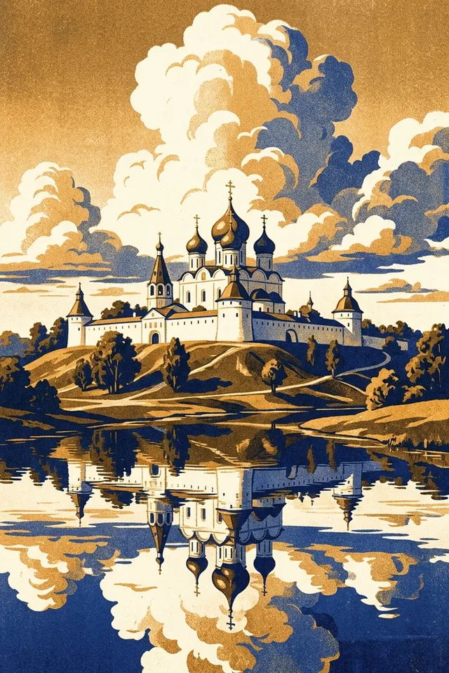 Картина Кремль над тихой рекой — белокаменные башни и купола в отражении спокойной воды