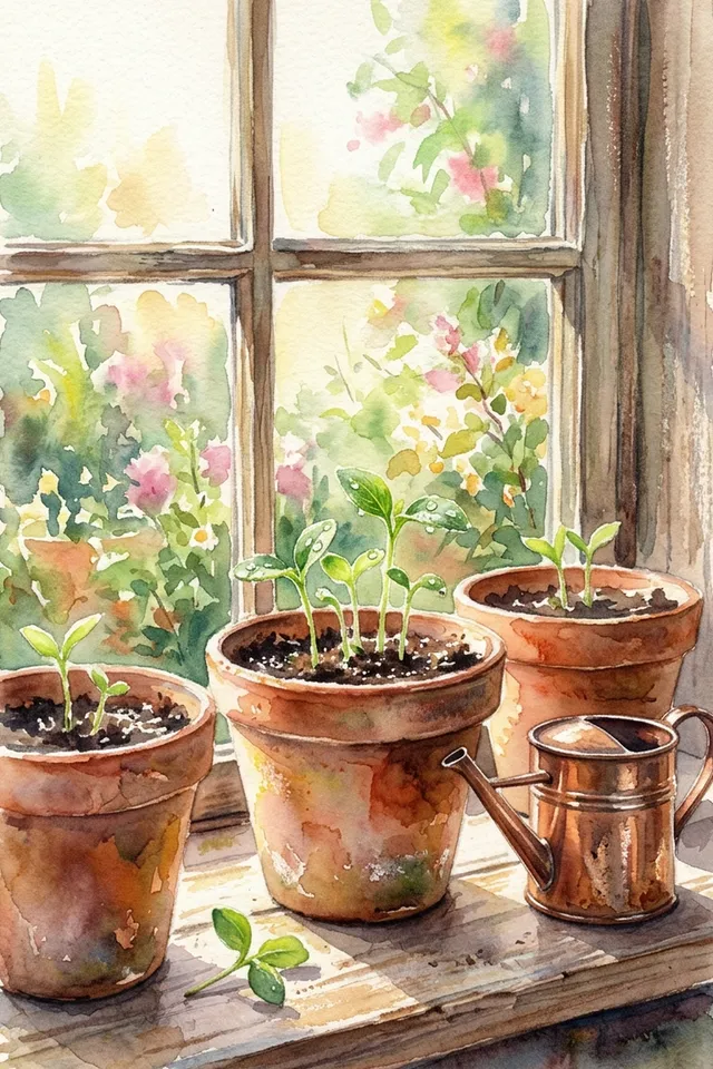 Картина с зелёными ростками рассады в горшочках на подоконнике у окна