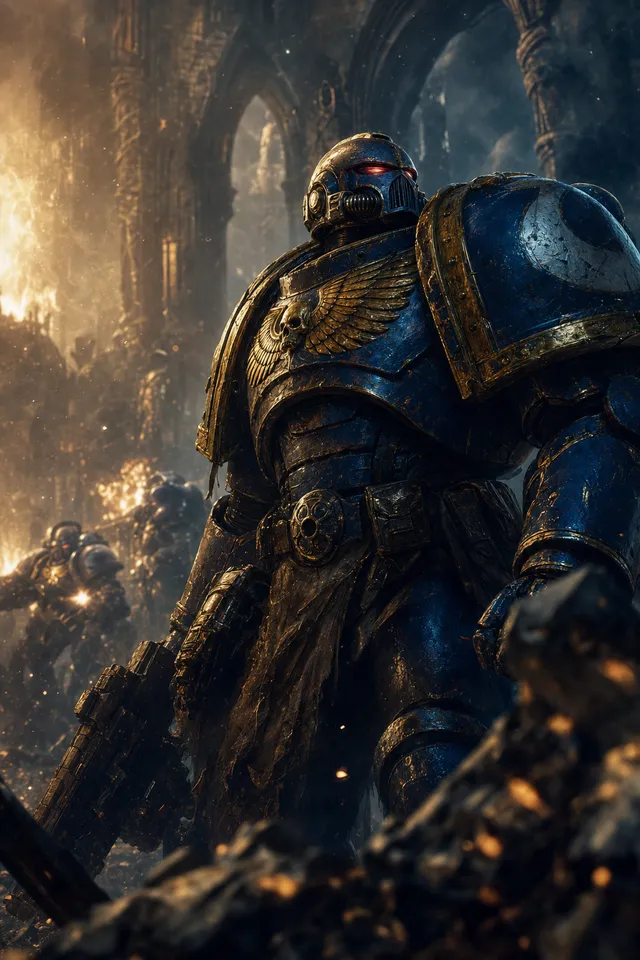 Картина Warhammer — воин в синей золотой силовой броне на фоне готической крепости с мечом