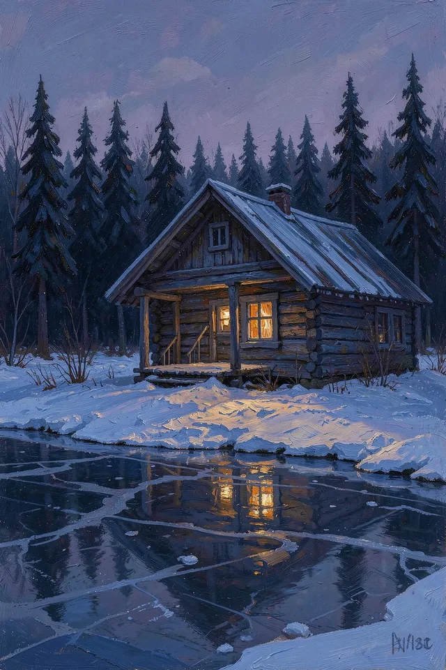 Изба у замёрзшего пруда
