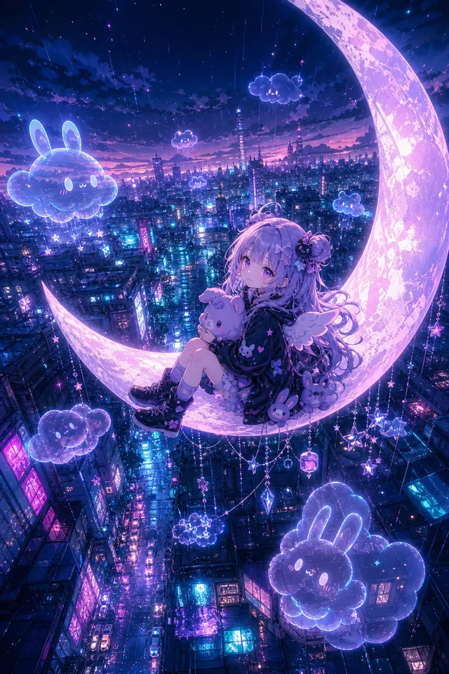 Аниме-картина cutecore: девочка на светящемся месяце, вокруг летят облака-зайчики в неоновом городе