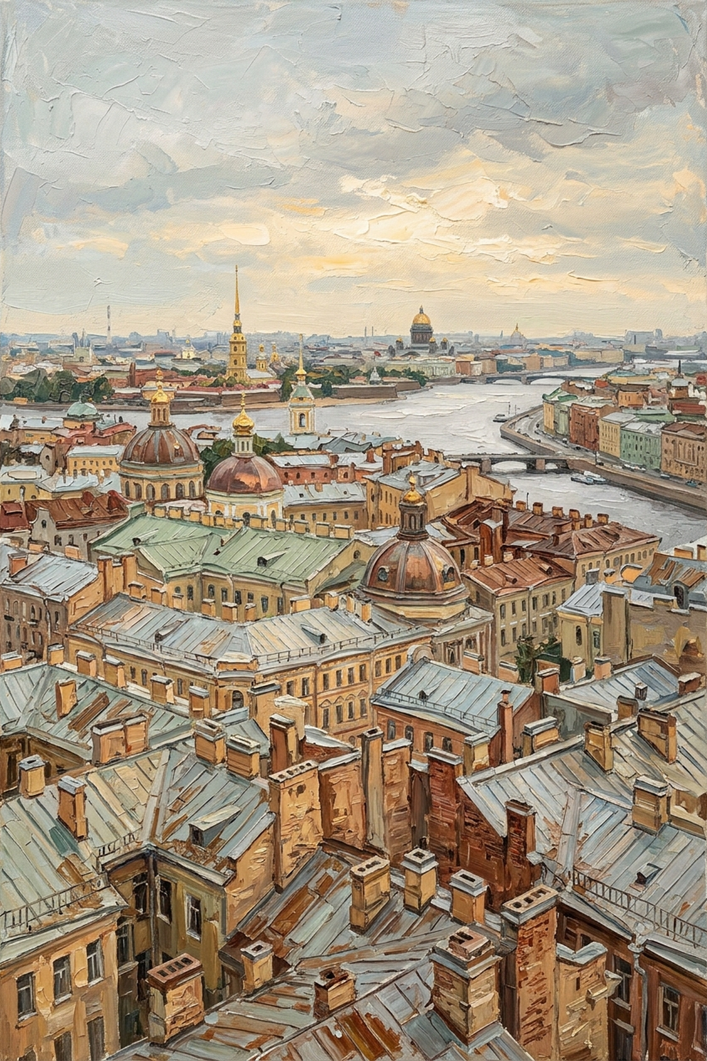 Картина Петербург с высоты птичьего полёта — панорама Невы, мостов и куполов на металле