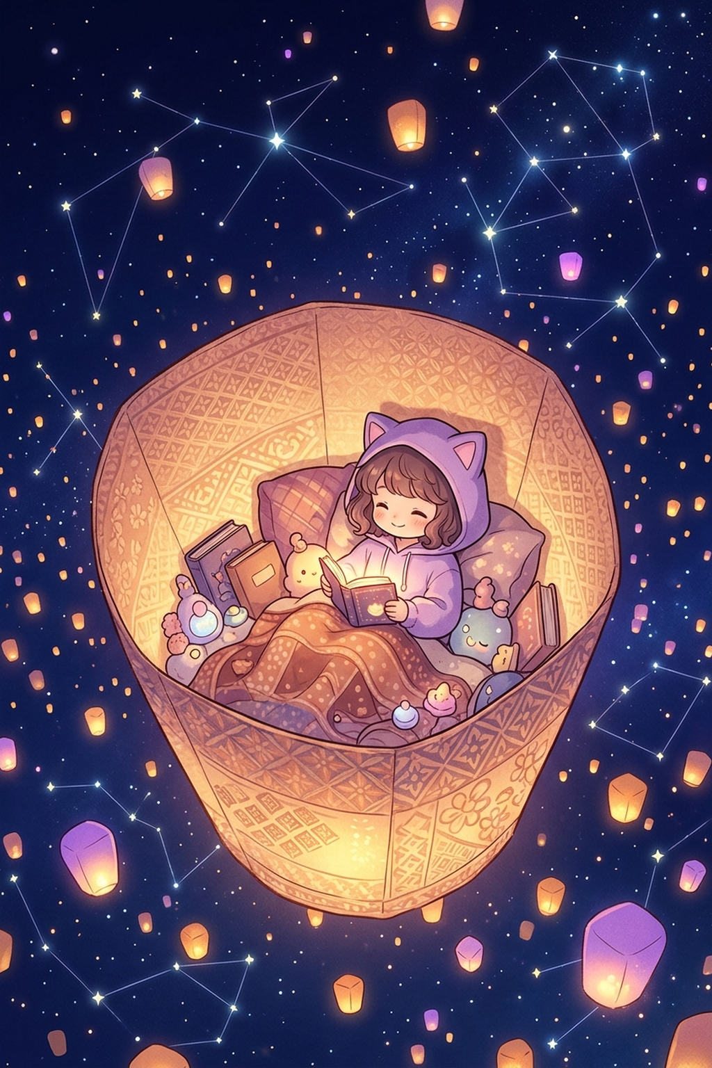 Аниме-постер cutecore: девочка в кошачьем худи читает книгу в небесном фонаре среди звёзд
