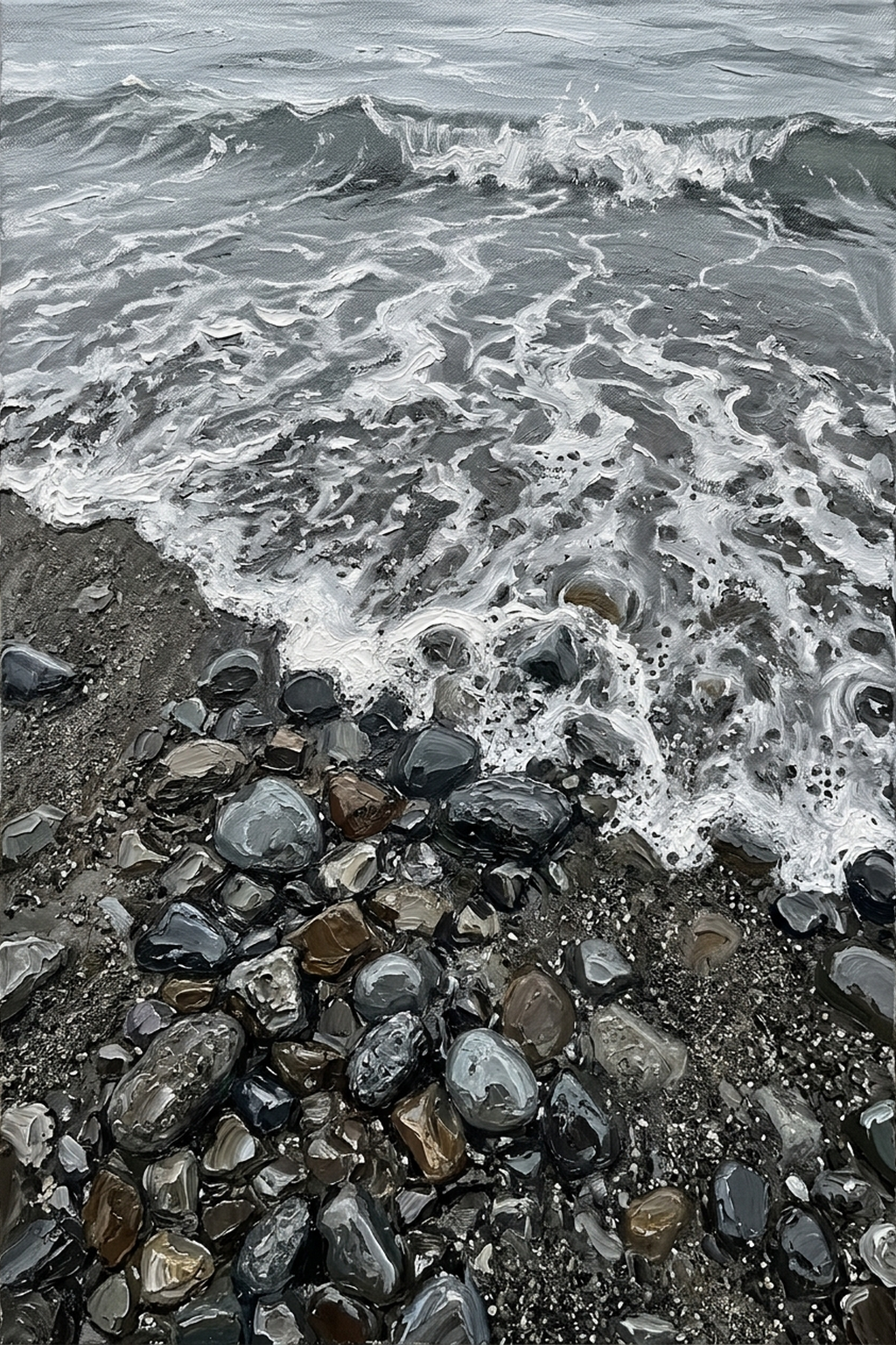 Картина с мокрыми морскими камнями — галька у воды на металле