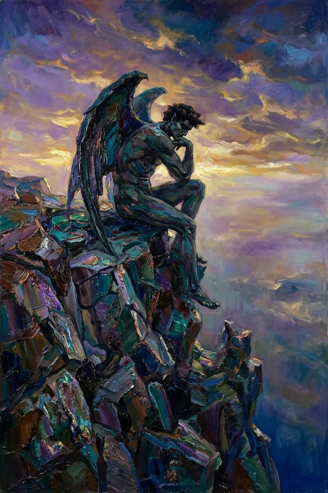 Картина «Демон на скале» — тёмный демон стоит на краю скалы на фоне грозового неба