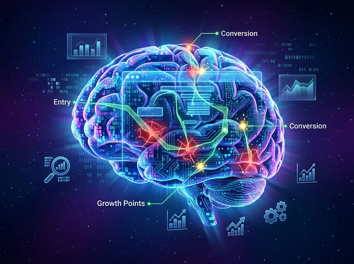 «Создай концепт-изображение для бизнес-сервиса по анализу аудитории в стиле высокотехнологичного логотипа. Требования:  Композиция: трёхмерный рендер, вид слегка под углом. Центральный объект: мозг, состоящий из цифровых элементов (пиксели, бинарный код, схемы микросхем), в цветах: неоново-синий, фиолетовый, бирюзовый. Визуализация анализа: полупрозрачные зелёные линии, показывающие типичные пути пользователя на сайте (от входа до конверсии); красные „зоны блокировки