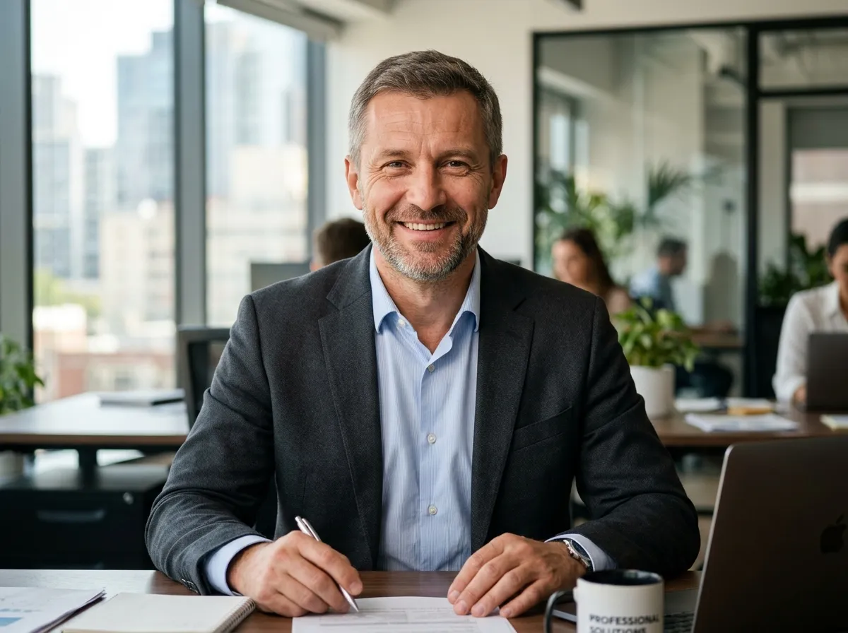 портрет улыбающегося бизнесмена средних лет, славянская внешность, в деловой рубашке