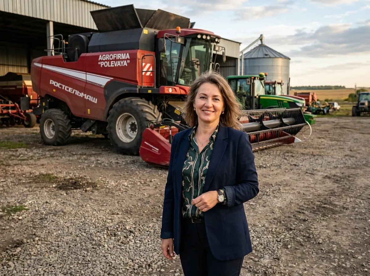 женщина средних лет славянская внешность директор агрофирмы на фоне сельхозтехники