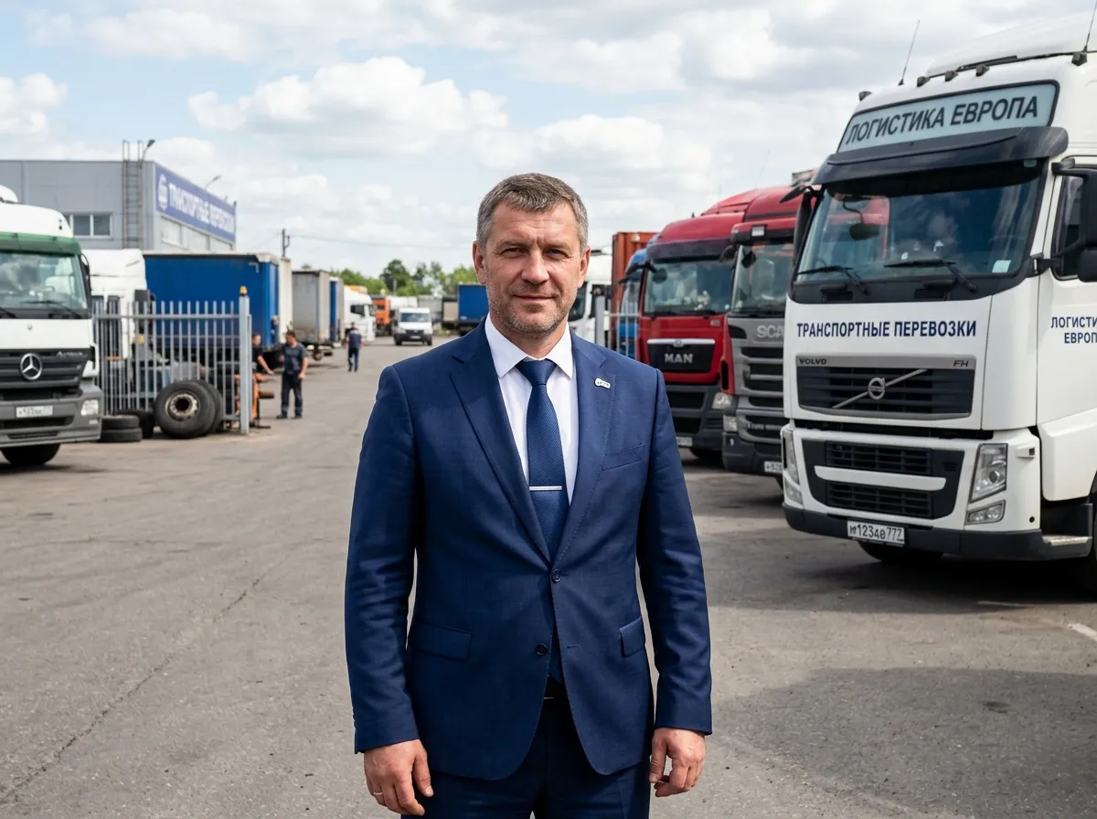 Мужчина крупным планом в костюме в автопарке грузовых машин