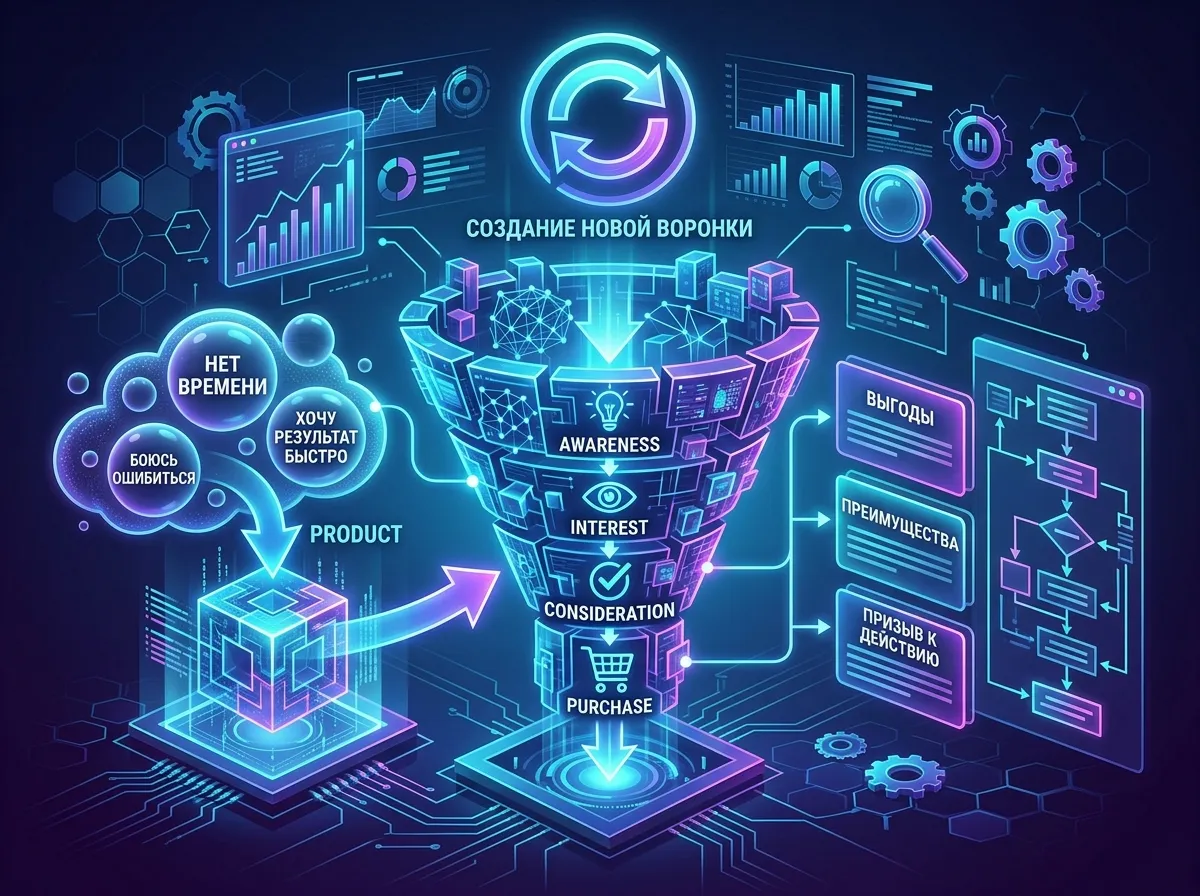 Создай футуристичное изображение в стиле технологичного логотипа иллюстрирующее процесс создания новой воронки продаж. Используй неоновую цветовую гамму (синий, фиолетовый, бирюзовый) на тёмном градиентном фоне с цифровыми паттернами. Композиция: 1.	В центре — стилизованная «воронка» (не классическая, а в виде 3D-конструкции из цифровых блоков или нейронов), сужающаяся к низу. Внутри воронки показать этапы пути клиента: осознание проблемы → интерес → решение → покупка (использовать иконки: лампочка, глаз, чекмарк, корзина). 2.	Слева от воронки — изображение продукта (абстрактное, в виде голограммы или 3D-модели), окружённое «облаком» реальных болей и желаний клиентов (короткие фразы в пузырьках: «нет времени», «боюсь ошибиться», «хочу результат быстро»). Показать стрелку от облака к продукту — как перепаковка под потребности. 3.	Справа от воронки — блок с убедительным текстом (стилизованные карточки с заголовками: «Выгоды», «Преимущества», «Призыв к действию») и схемой логичной структуры продаж (стрелки, блоки, этапы). 4.	В верхней части — символ «перезагрузки» или «обновления» (иконка кручения/обновления), подчёркивающий создание «новой» воронки. Дополнительные элементы: •	полупрозрачные линии, связывающие боли клиентов с этапами воронки; •	иконки лупы, графика, шестерёнки, символизирующие анализ и оптимизацию; •	лёгкие голографические эффекты данных (графики, диаграммы) на фоне. Стиль: киберпанк, футуризм, цифровая эстетика. Освещение — неоновые блики, объёмные тени, ультрадетализированное изображение.