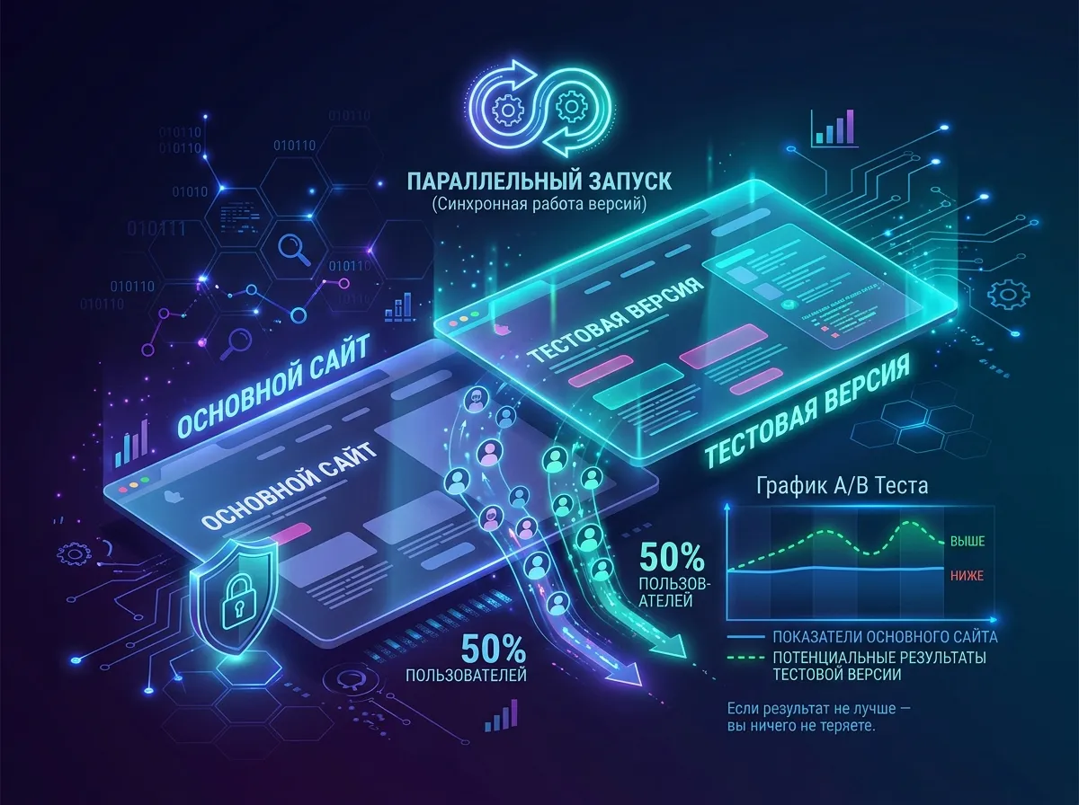 Создай футуристичное изображение в стиле технологичного логотипа, иллюстрирующее параллельный запуск тестовой версии сайта. Используй неоновую цветовую гамму (синий, фиолетовый, бирюзовый) на тёмном градиентном фоне с цифровыми паттернами. Композиция: 1.	В центре — два наложенных друг на друга «слоя» сайтов: o	нижний слой (основной сайт): изображён в чуть приглушённых тонах, с подписью «Основной сайт» и иконкой замка (символ стабильности); o	верхний слой (тестовая версия): яркий, с эффектом «голограммы» или «прозрачного окна», с подписью «Тестовая версия». 2.	Между слоями — стрелки трафика, показывающие, как пользователи распределяются между двумя версиями сайта (50/50 или иное разумное соотношение). Использовать иконки пользователей (аватары) и потоки данных. 3.	Справа от сайтов — график A/B-теста с двумя линиями: o	синяя линия — показатели основного сайта (стабильный уровень); o	зелёная пунктирная линия — потенциальные результаты тестовой версии (с вариантами «выше» и «на уровне» синей линии). Под графиком подпись: «Если результат не лучше — вы ничего не теряете». 4.	В верхней части — иконка «параллельного запуска» (две синхронизированные стрелки или шестерёнки), подчёркивающая одновременную работу двух версий. Дополнительные элементы: •	полупрозрачные цифровые схемы, символизирующие анализ трафика и метрик; •	иконки лупы, графика, шестерёнки, символизирующие тестирование и оптимизацию; •	элементы «кода» или бинарных данных на фоне, создающие ощущение технологичности; •	визуализация «защитного щита» вокруг основного сайта (символ гарантии неизменности). Стиль: киберпанк, футуризм, цифровая эстетика. Освещение — неоновые блики, объёмные тени, детализированное изображение. Акцент на прозрачности процесса и безопасности для клиента.