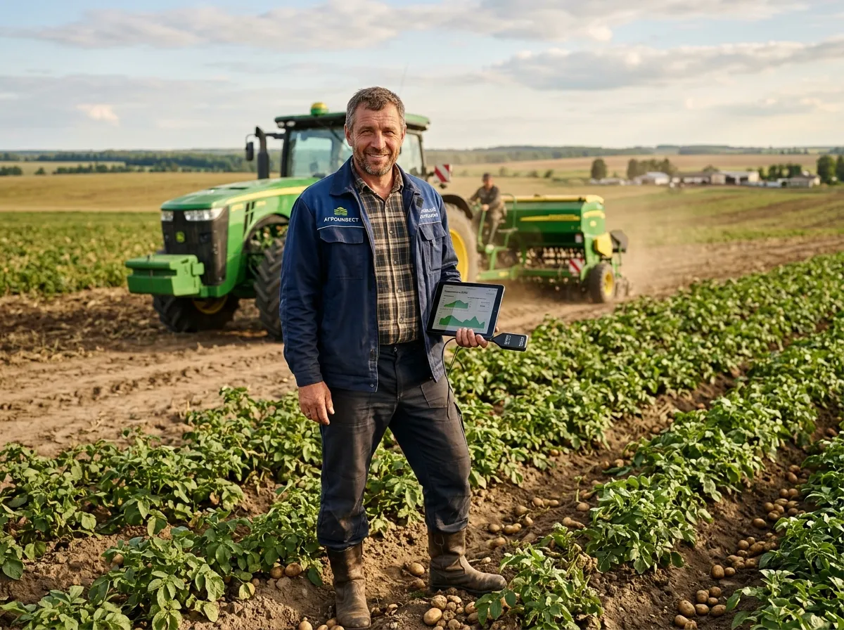 главный агроном, мужчина 40 лет, славянская внешность, в поле на фоне трактора