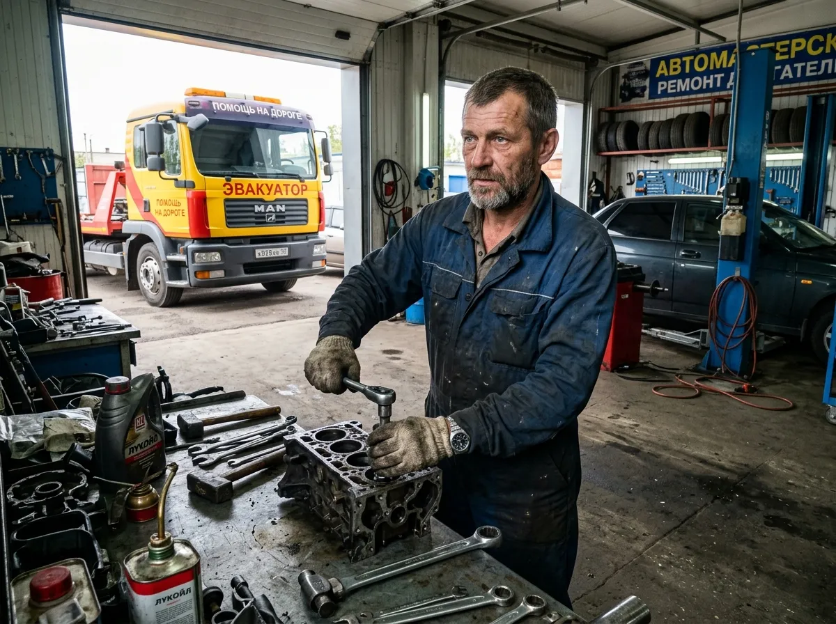 мужчина в рабочей одежде славянская внешность в автомастерской на фоне эвакуатора
