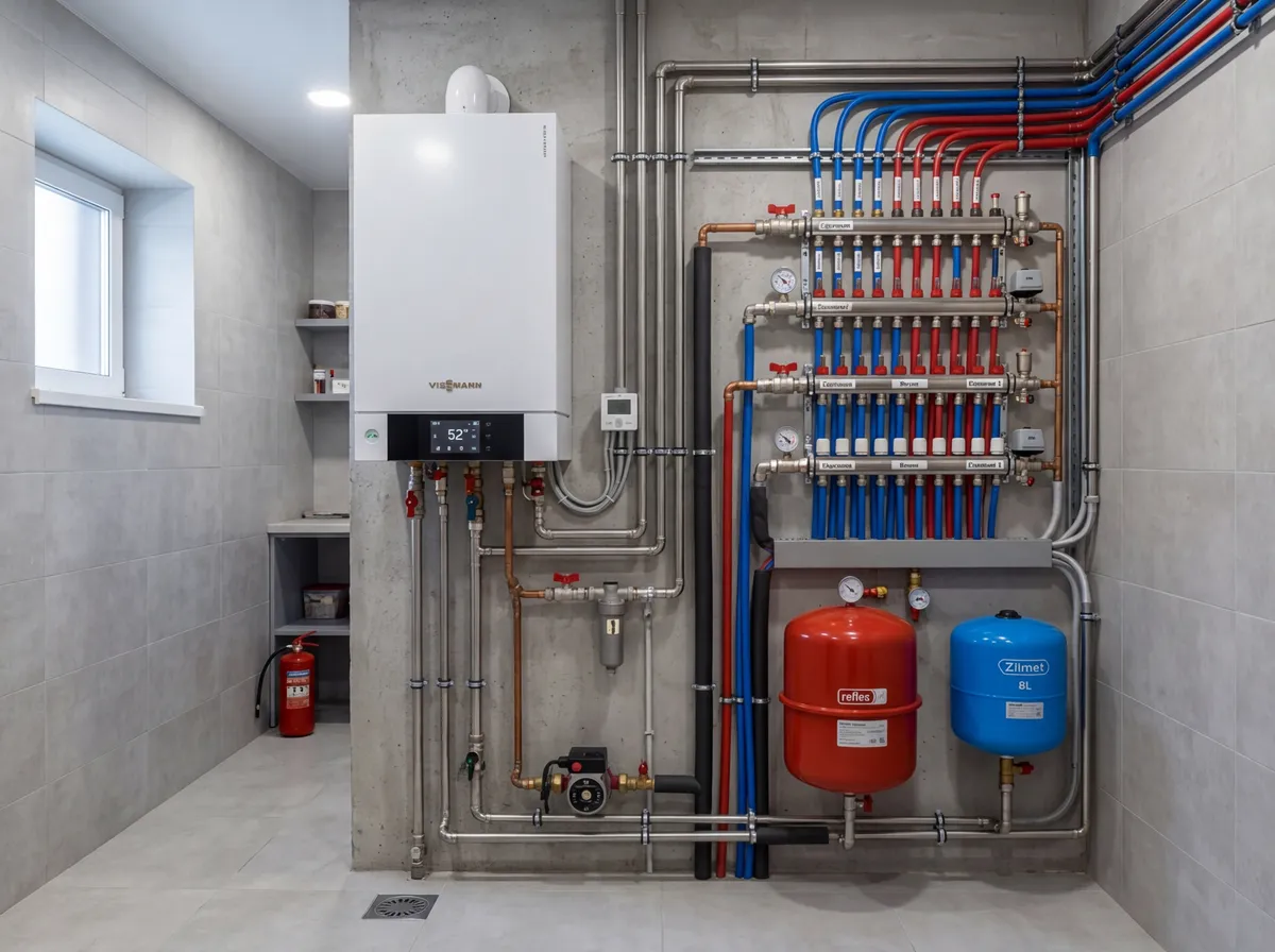 современная котельная частного дома, настенный котел, коллекторы теплого пола, расширительные баки, аккуратная прокладка труб