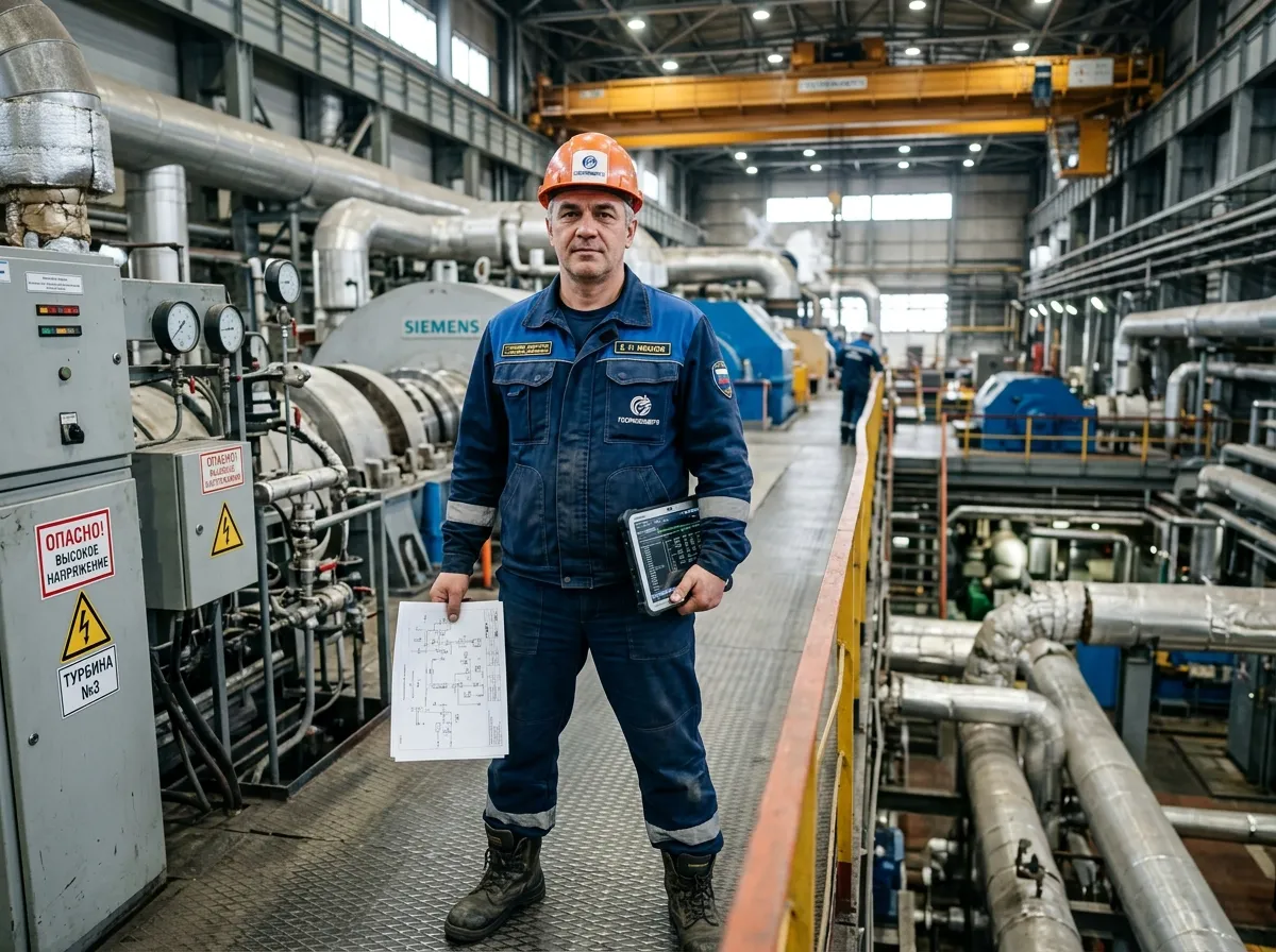 главный энергетик завода, мужчина 45 лет, славянская внешность, в рабочей форме