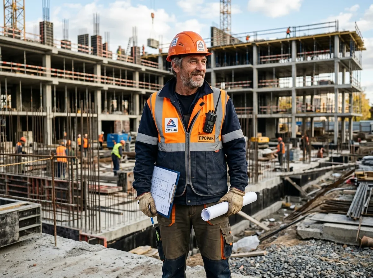 прораб стройки, мужчина 50 лет, славянская внешность, каска и спецодежда
