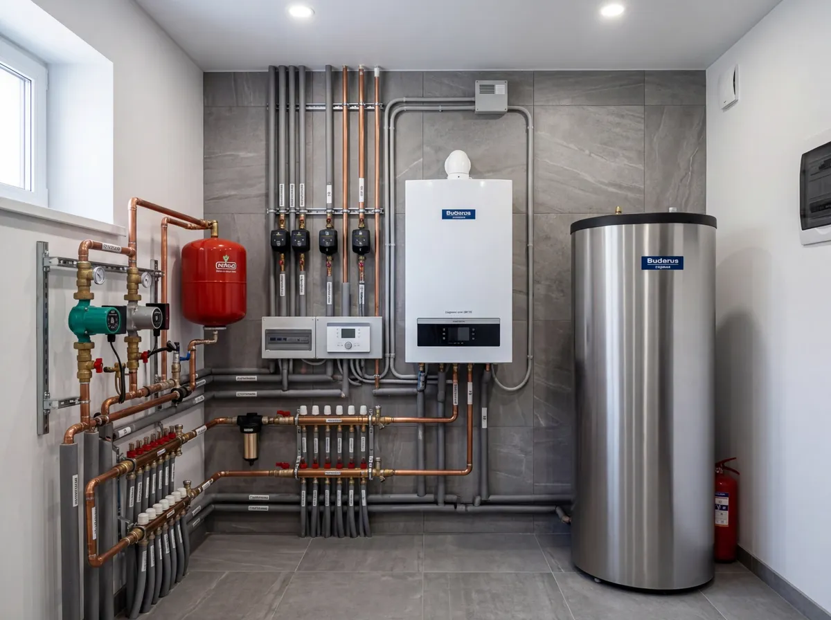 элегантная котельная частного дома, современное отопительное оборудование, аккуратная обвязка, профессиональный монтаж