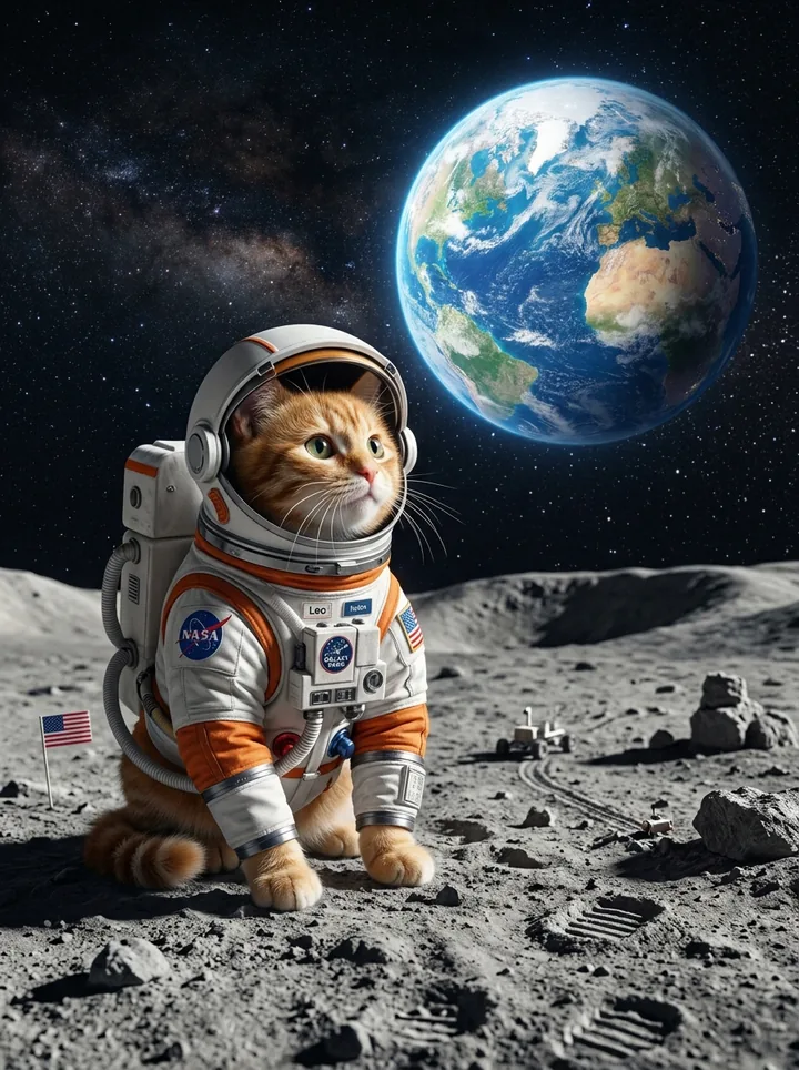 Кот-космонавт на Луне — картинка по описанию