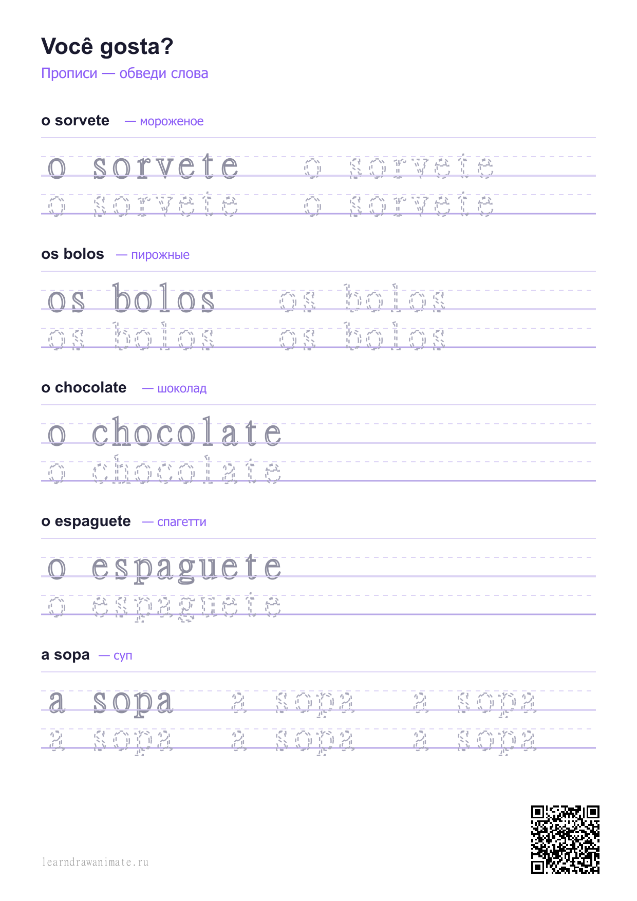 Прописи: португальские слова — еда