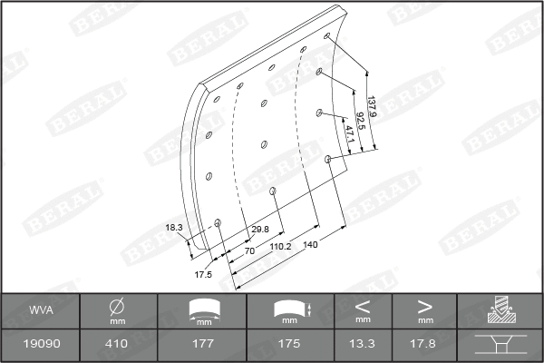 Накладки тормозные WVA19090 стандарт без заклепок 410 175mm BERAL KBL1909001660 Накладки тормозные WVA19090 стандарт без заклепок 410 175mm BERAL KBL1909001660