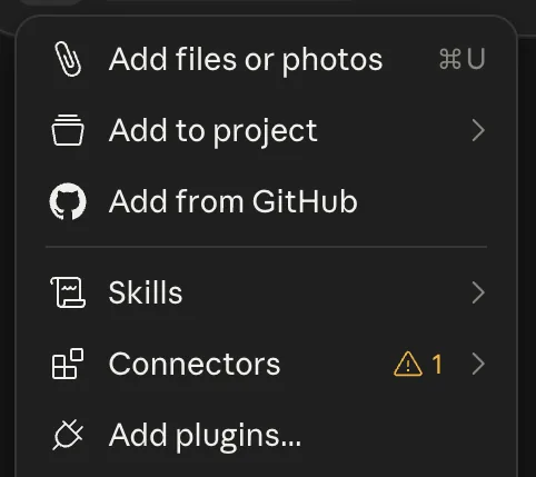 Фрагмент меню: пункты «Skills», «Connectors» и «Add plugins» друг под другом