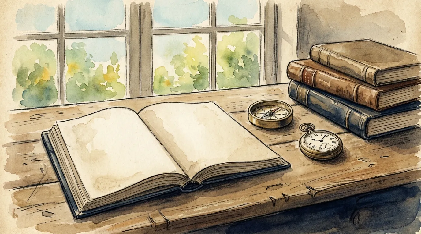 Открытая тетрадь на деревянном столе, рядом стопка книг — метафора итогового чек-листа, не приговора