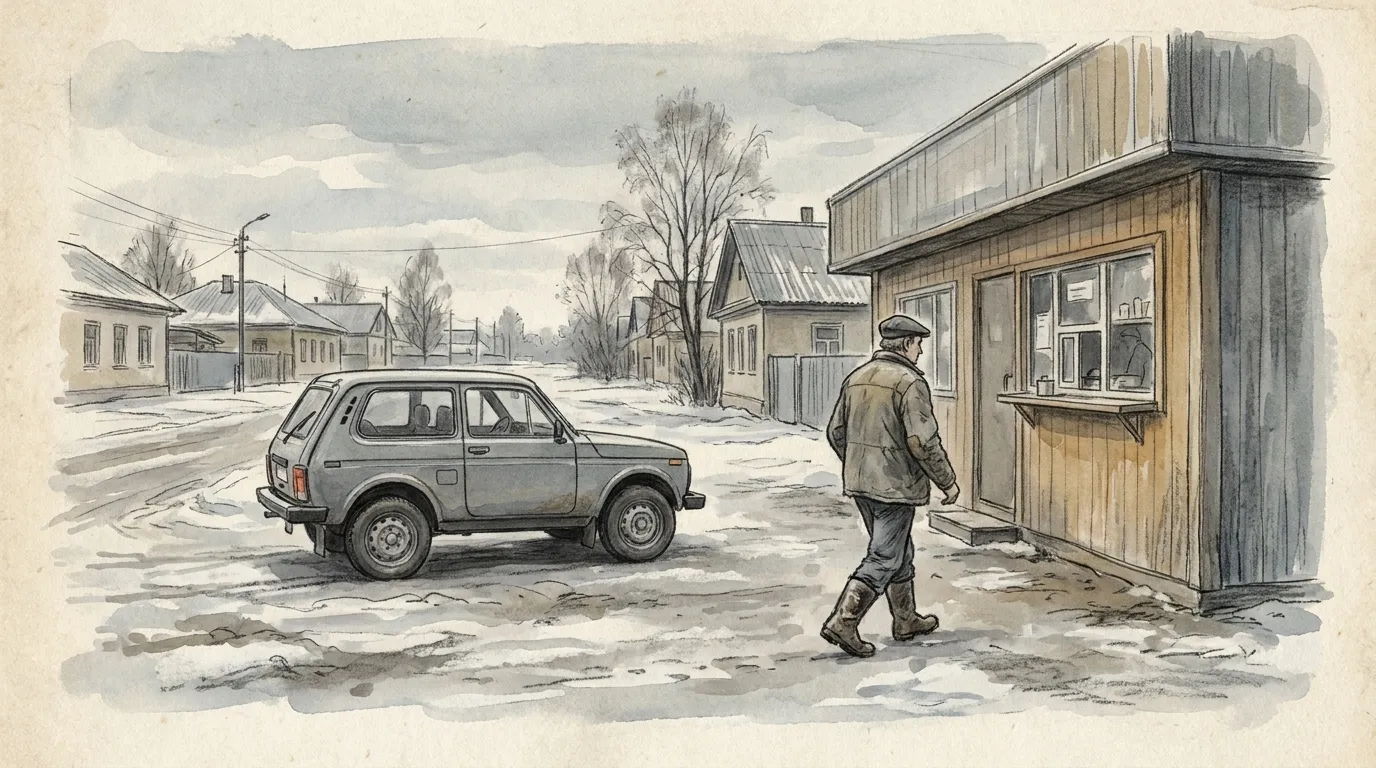 Россия, провинциальный городок. Утренняя сцена: владелец малого бизнеса идёт к своему скромному цеху в восемь утра, старый но добротный автомобиль на парковке