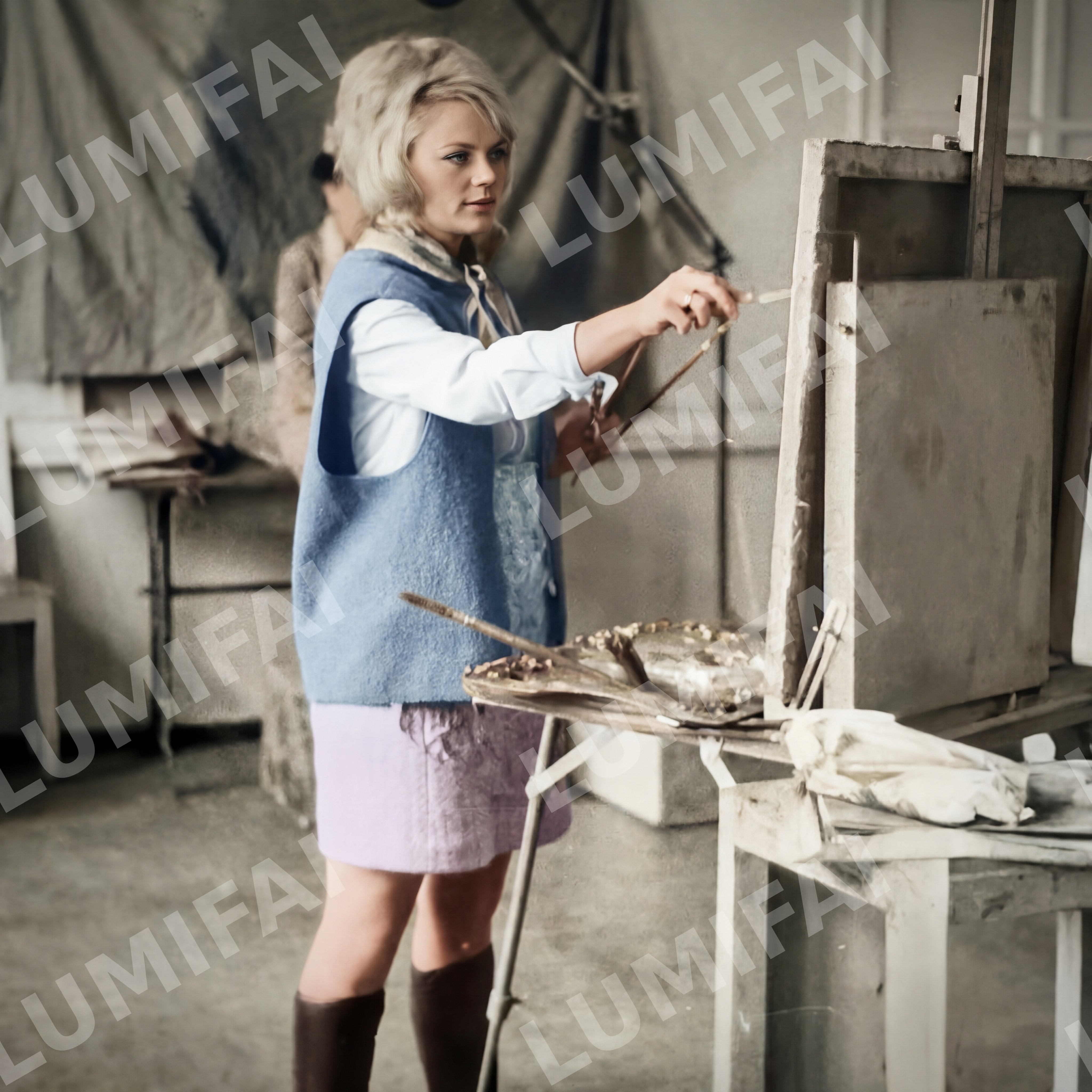 Промт для реставрации фото художницы в интерьере мастерской