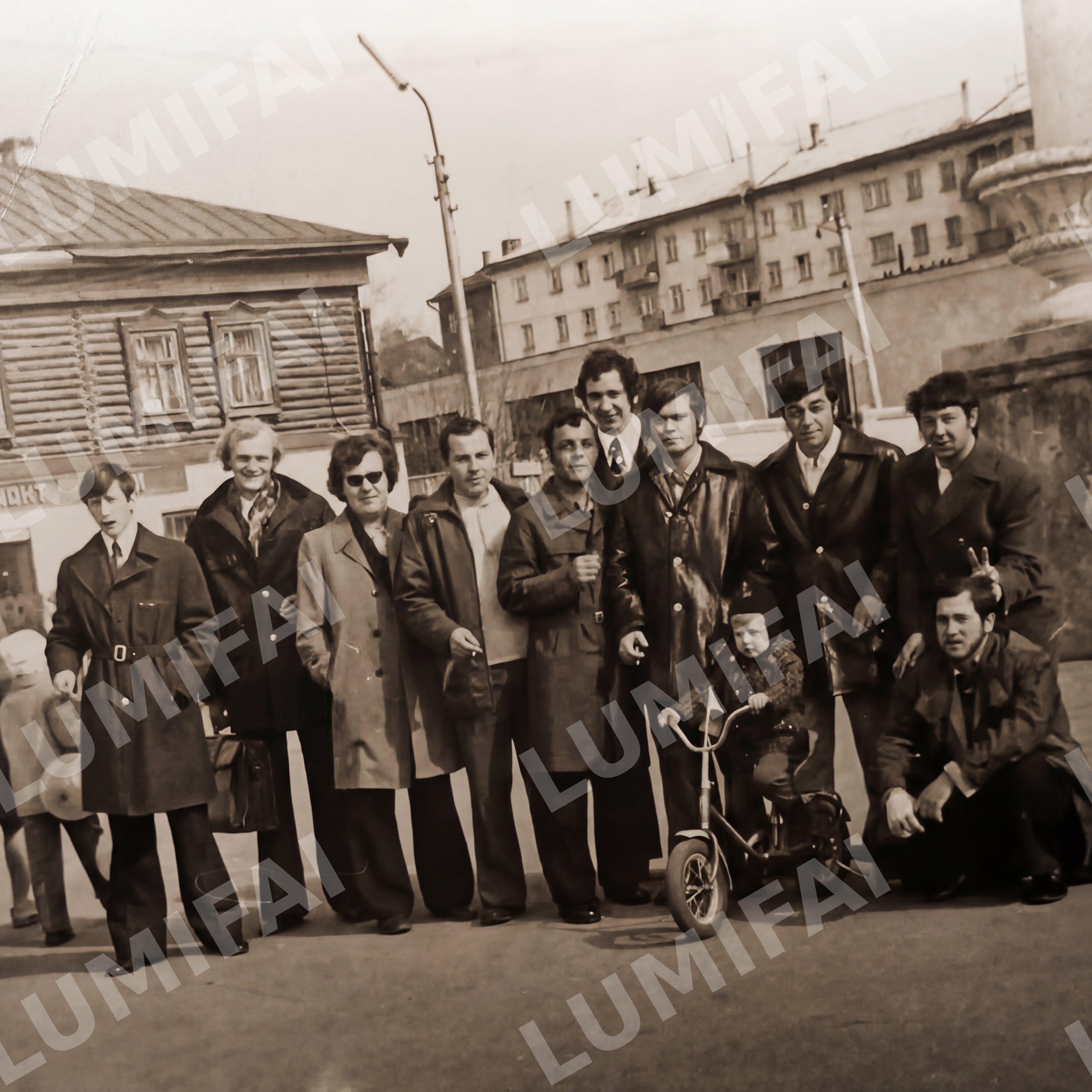 Промт для реставрации группового фото в стиле Европы 1960-х годов