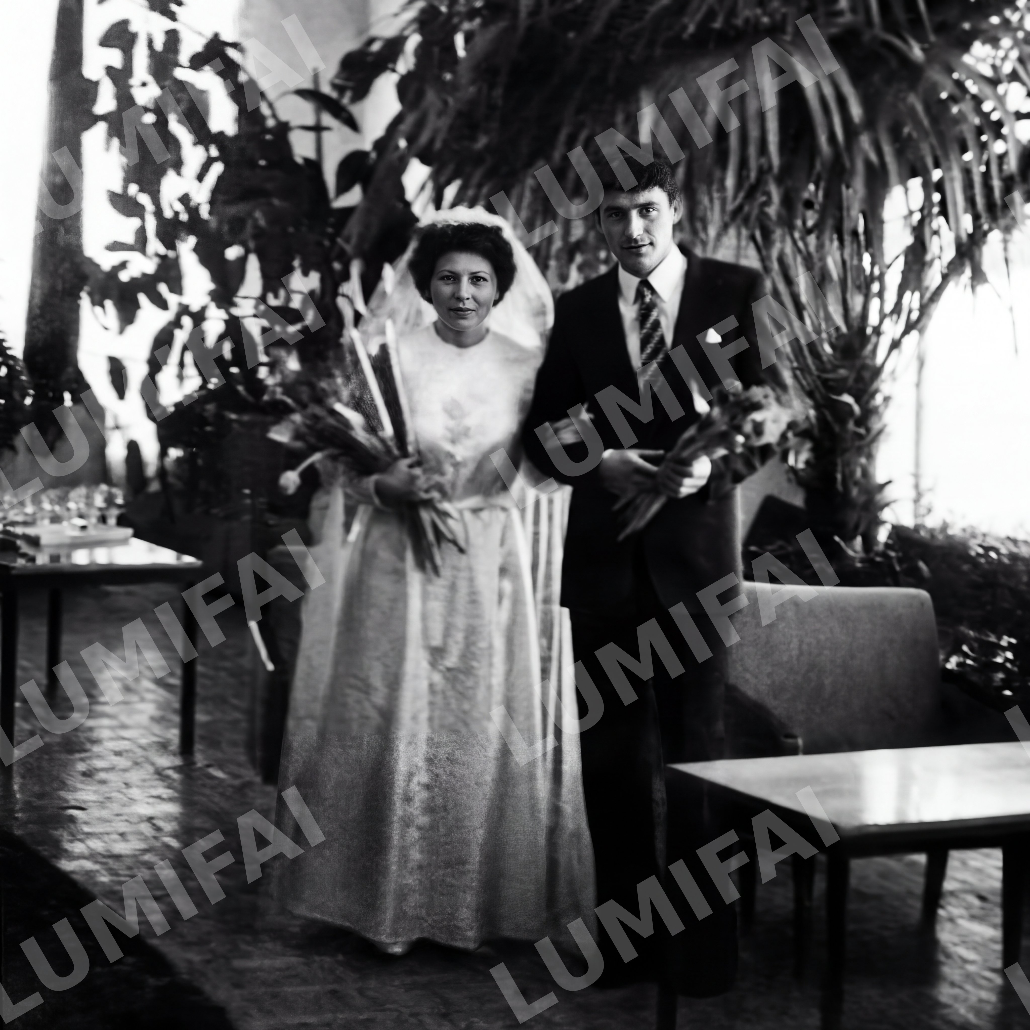 Промт для реставрации свадебного фото жениха и невесты в ретро-стиле