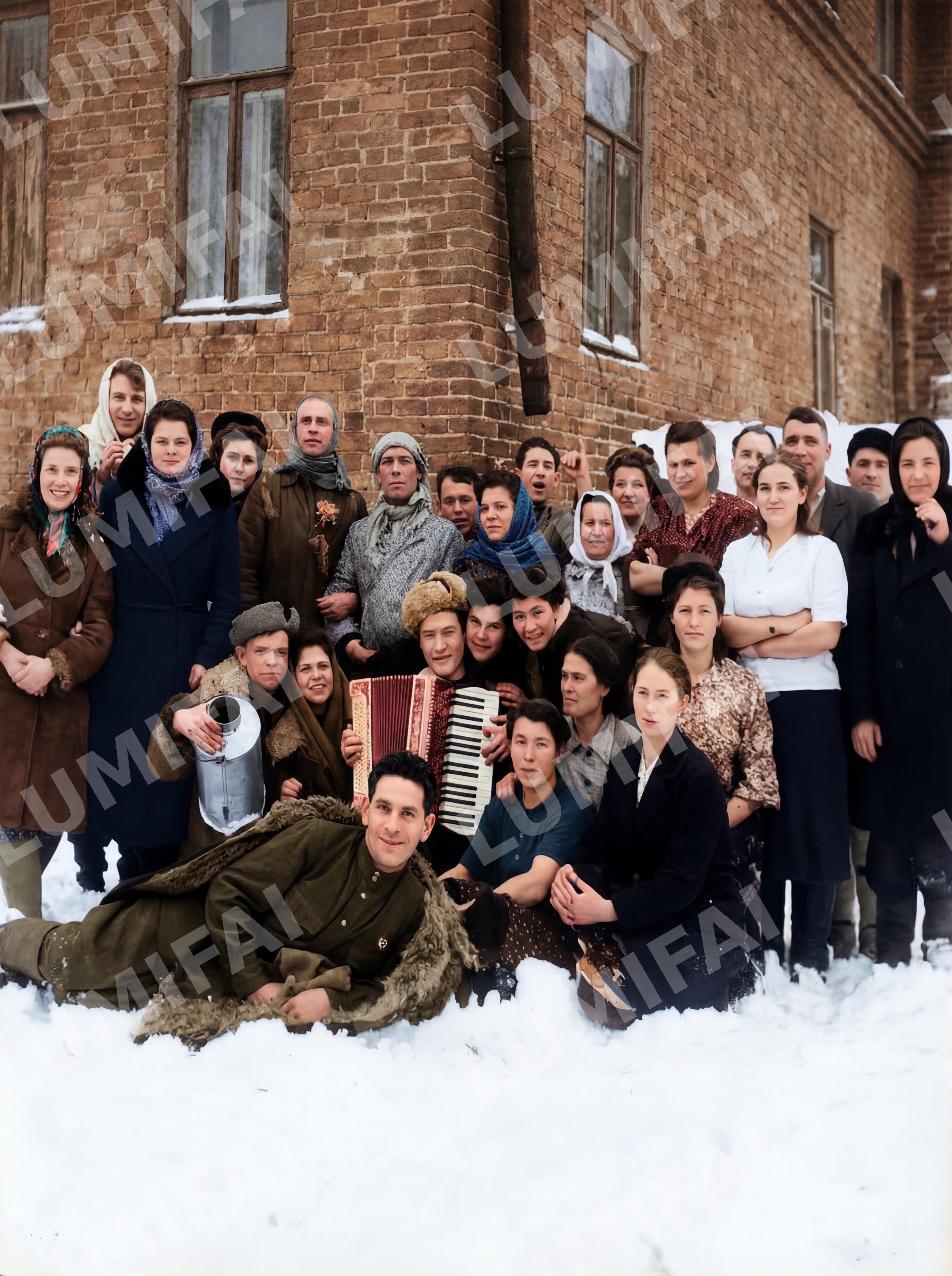 Промт для восстановления и колоризации группового зимнего фото