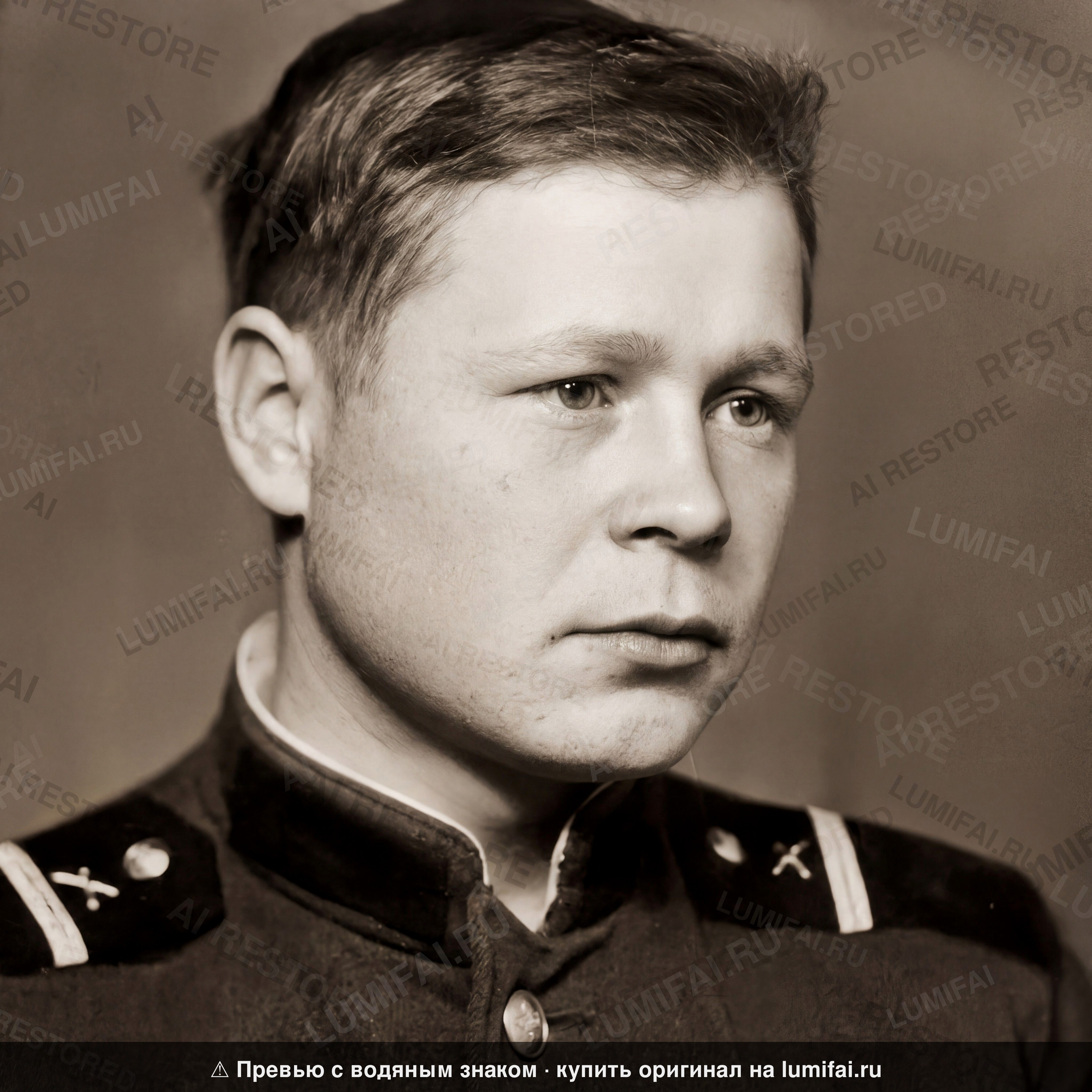 Промт для восстановления винтажного военного портрета в сепии