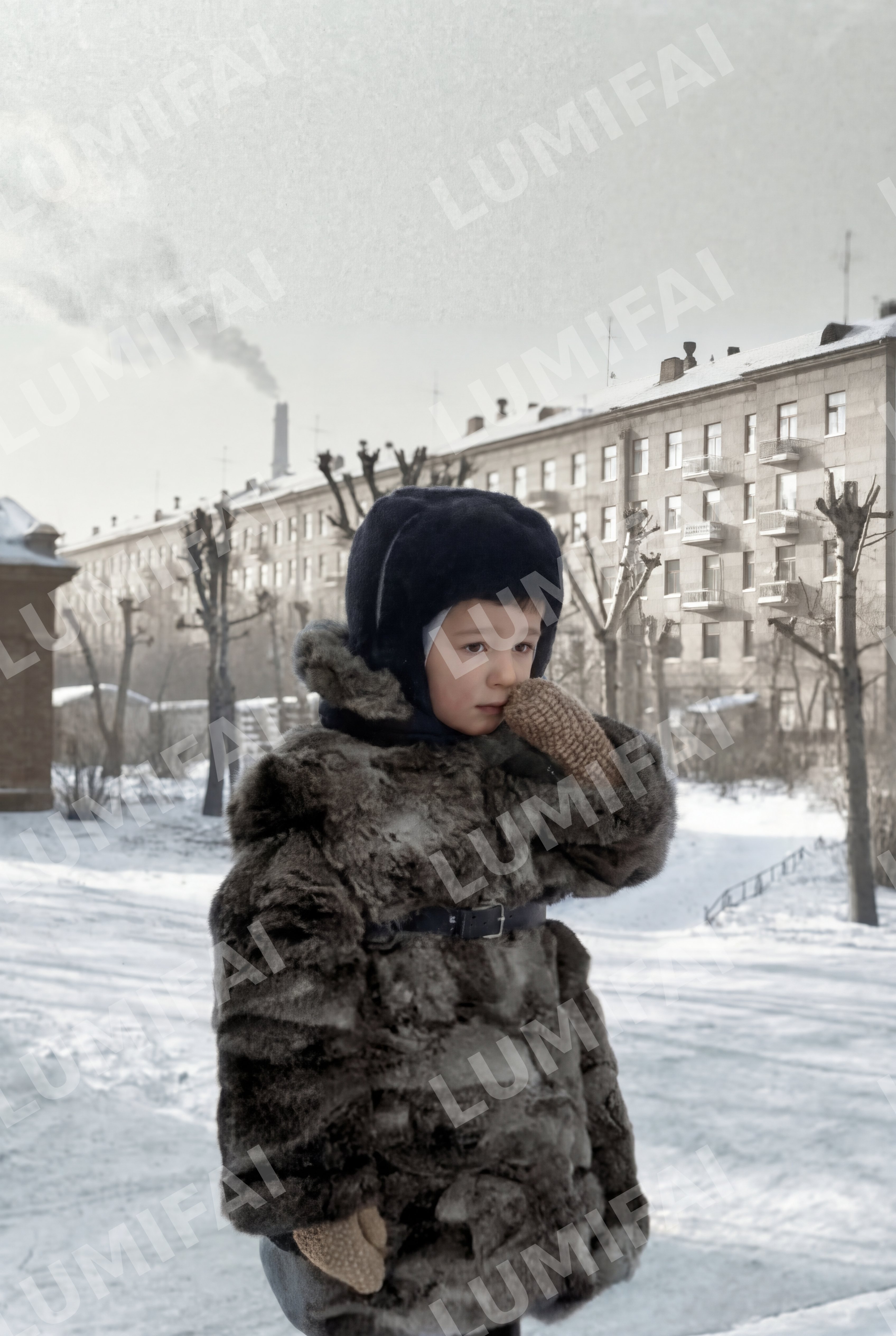 Промт для колоризации фото ребенка на заснеженной улице СССР
