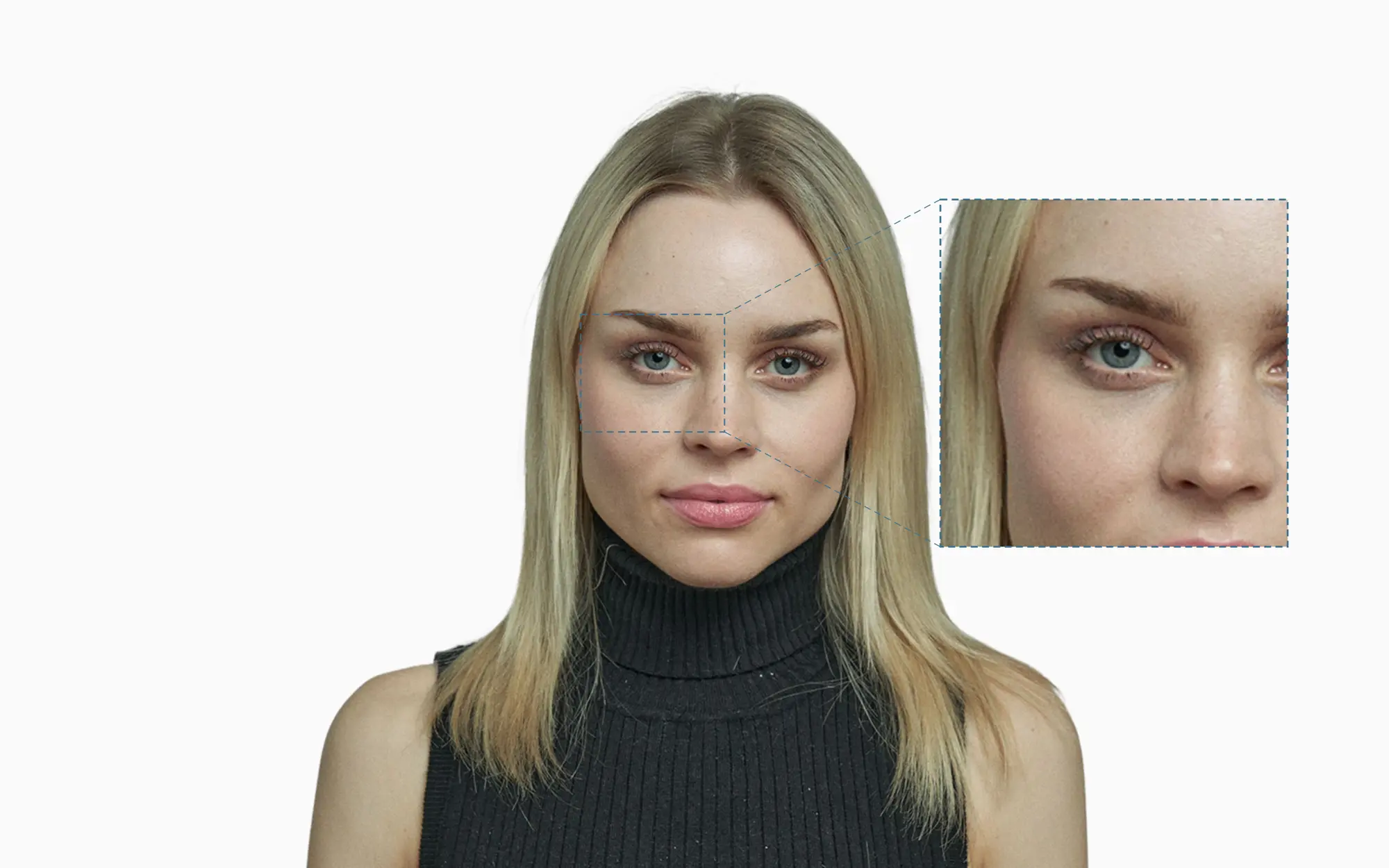 Crow's feet on a female face with the outer eye corner shown zoomed in next to the full portrait