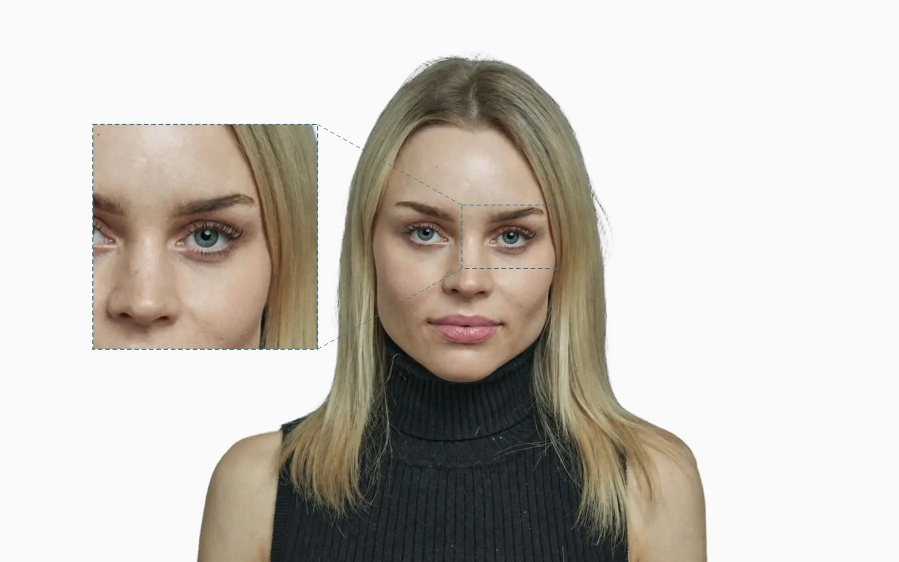 Scleral show hero on Female_Frontal_2: portrait shows visible white sclera band beneath the iris on both eyes; single-eye zoom callout.