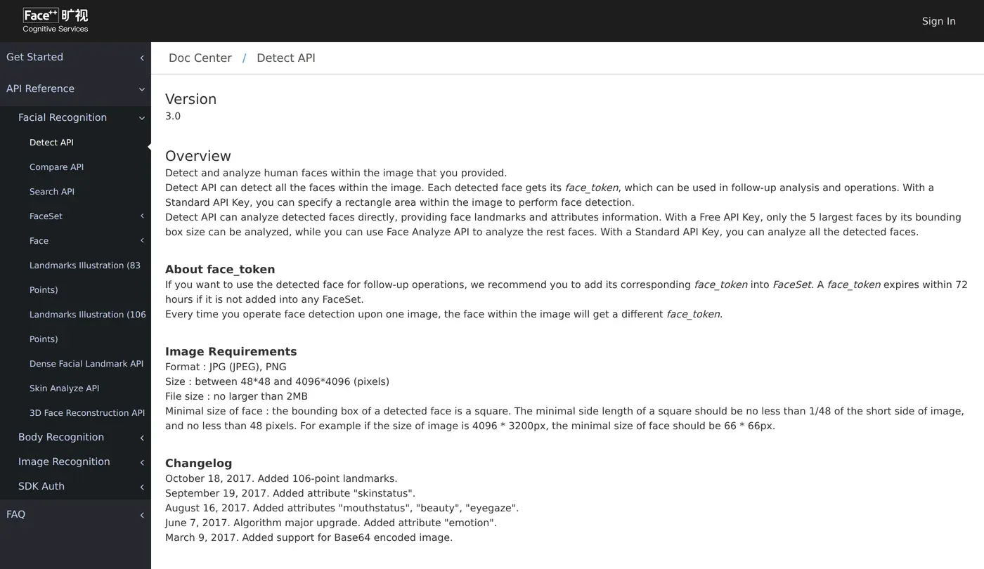 Face++ Detect API documentation with a sidebar listing Detect, Compare, Search, FaceSet, 83 and 106 point landmarks, Skin Analyze and 3D Face Reconstruction, and a changelog showing the beauty attribute added in August 2017