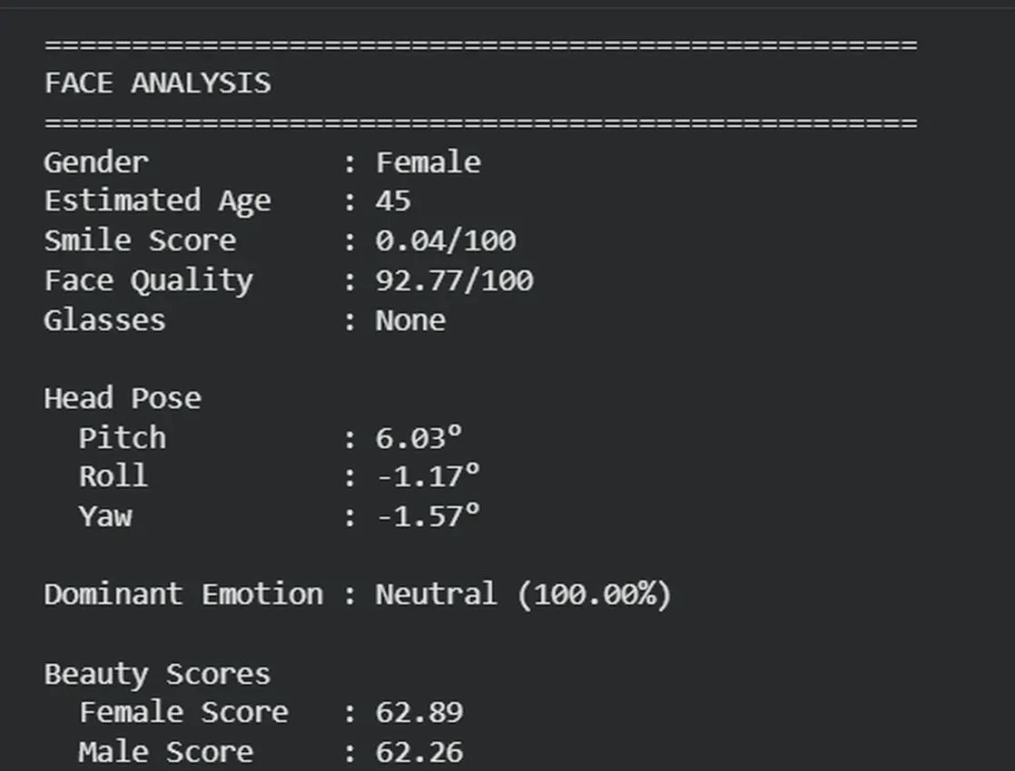 Face++ Detect output showing gender, estimated age, face quality and beauty scores of 62.89 female and 62.26 male for a single face