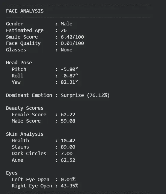 Terminal output from a second Face++ Detect call on a near-profile photo at 82.31 degrees of yaw, rating the face quality 0.01 out of 100 while still returning beauty scores of 62.22 and 59.08