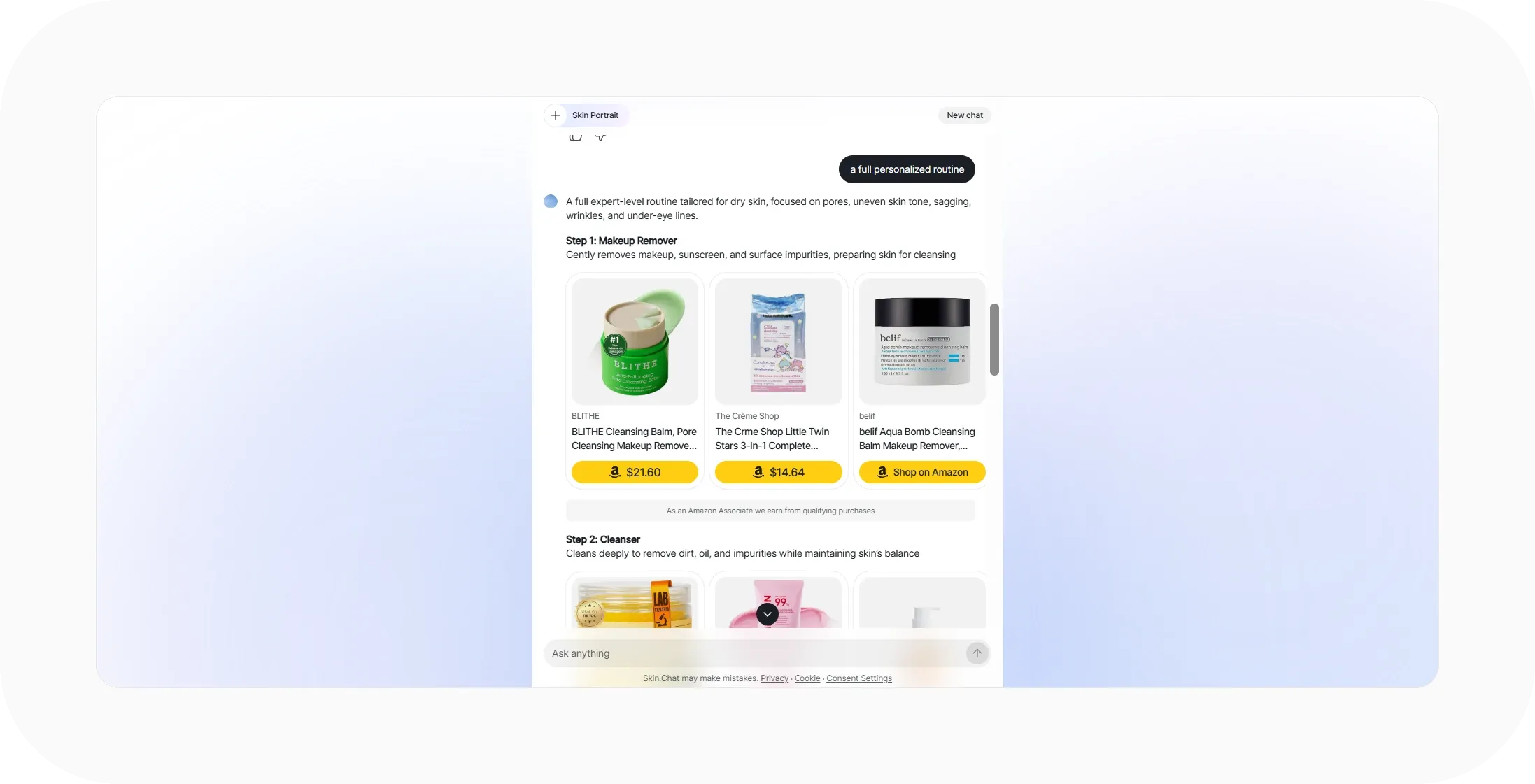 Skin.Chat routine step recommending makeup removers with Amazon prices and an affiliate disclosure line